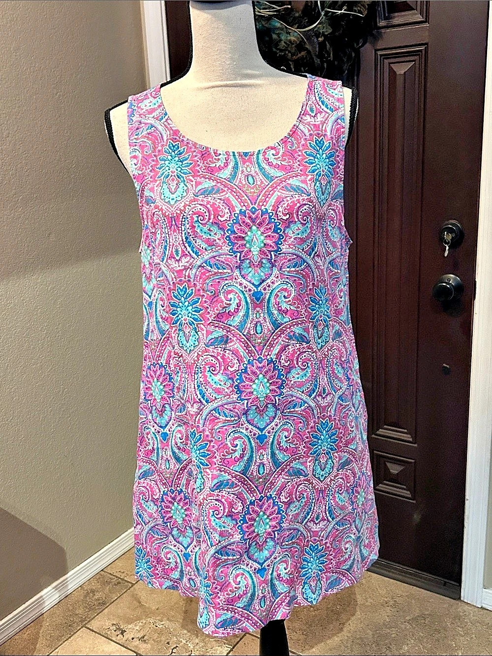 Cynthia Rowley Paisley Linen Mini Dress in Pink & Blue Size Large Like New